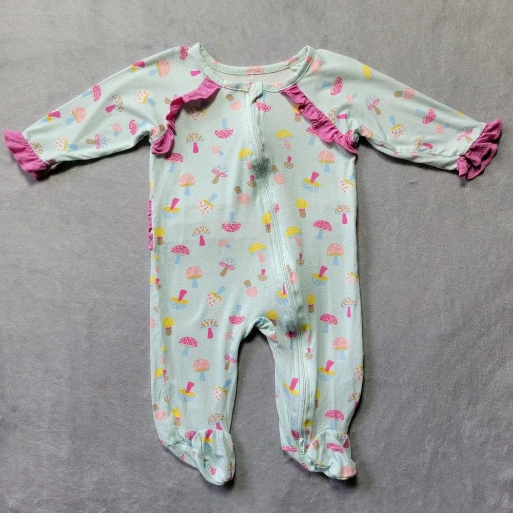 Milkberry‎ 3-6M Mushroom Bamboo Ruffle Footie SleeperBlue Pink Pajamas